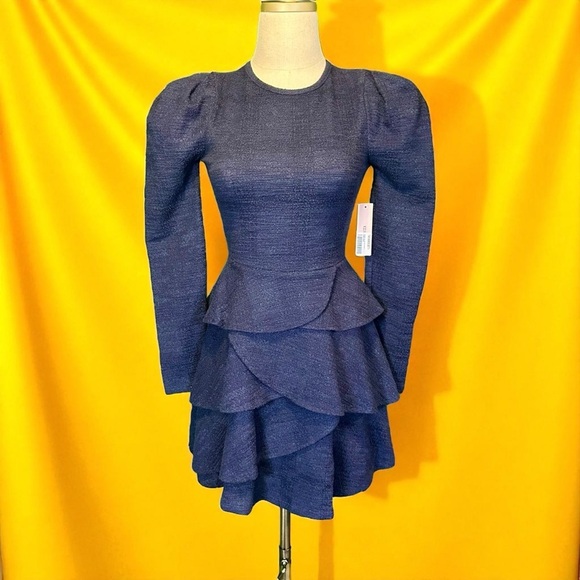 NWT Aqua ‘Boucle Tiered Ruffle Long Sleeve Mini Dress’ in Navy Blue Size XS - Picture 2 of 11